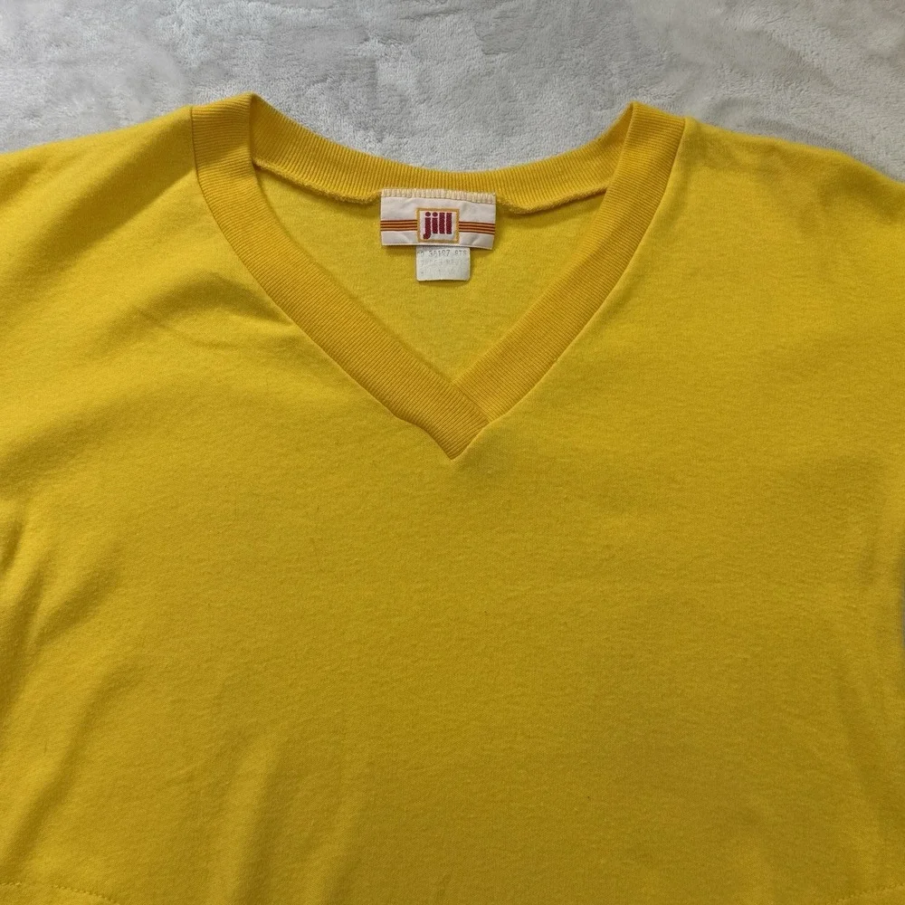 Vintage 70s Jill Short Sleeve Sweatshirt Yellow V Neck Kangaroo Pocket Women's M